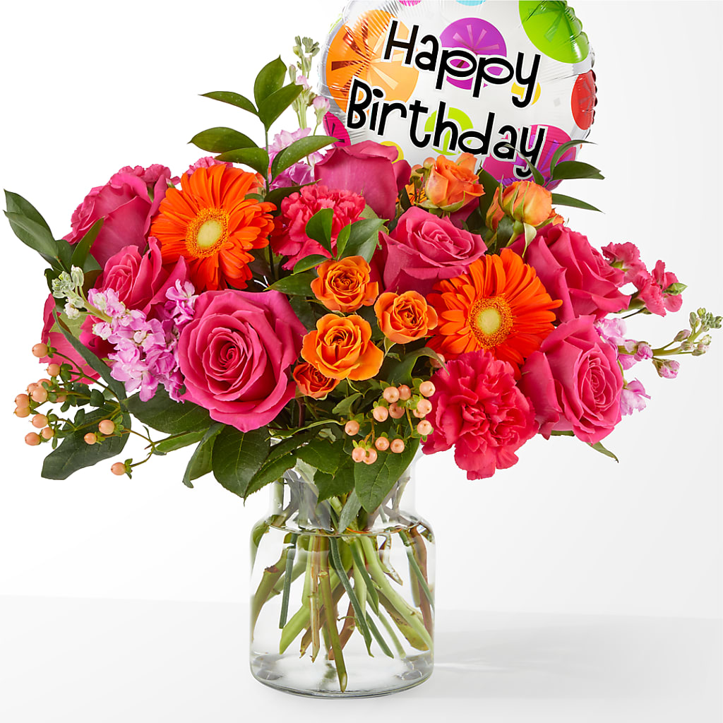 Fiesta Bouquet with Birthday Balloon – Flowers By Helen, Forsyth GA