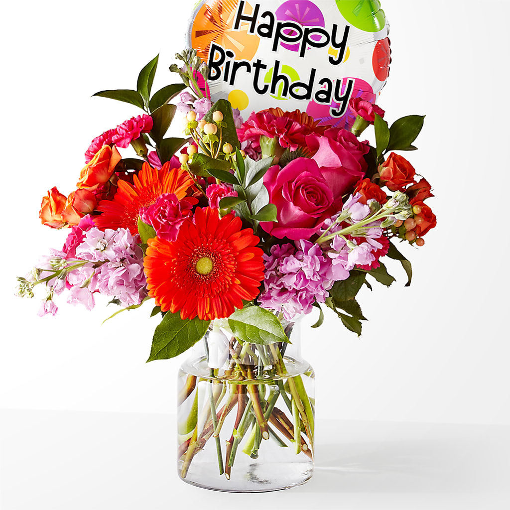 Fiesta Bouquet with Birthday Balloon – Flowers By Helen, Forsyth GA