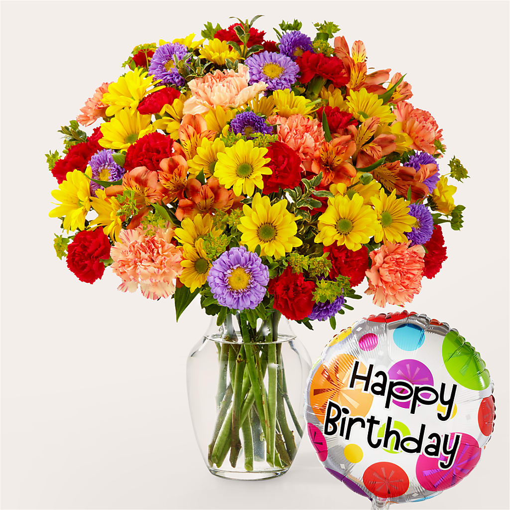 Kaleidoscope Bouquet with Birthday Balloon – Flowers By Helen, Forsyth GA