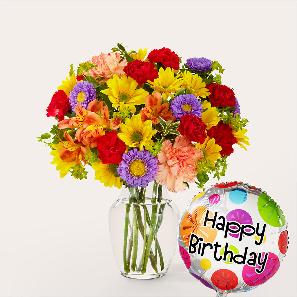 Kaleidoscope Bouquet with Birthday Balloon – Flowers By Helen, Forsyth GA
