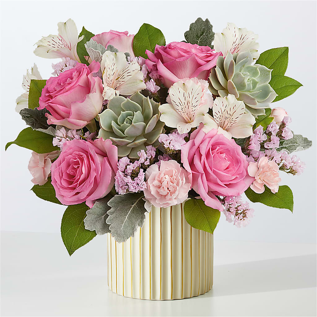 Dusty Rose Bouquet with Ivory Vase – Flowers By Helen, Forsyth GA