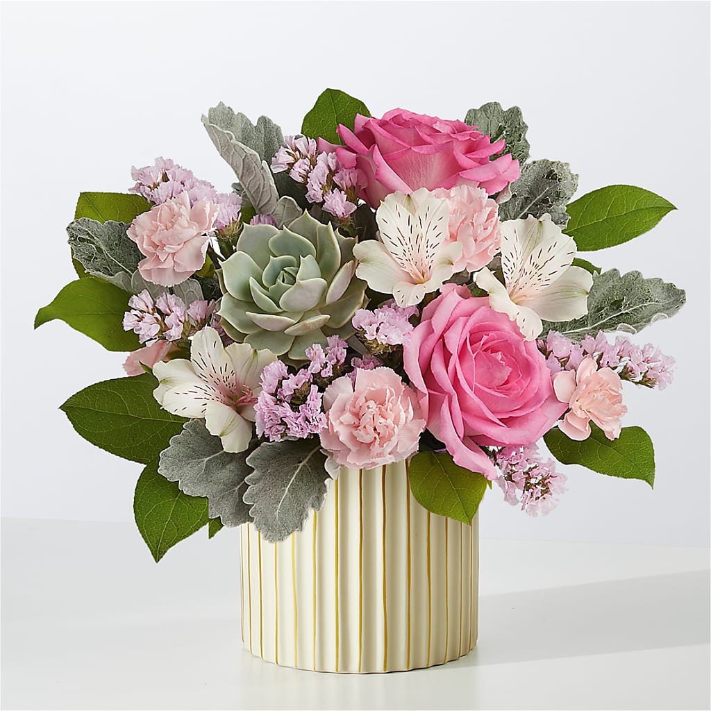Dusty Rose Bouquet with Ivory Vase – Flowers By Helen, Forsyth GA