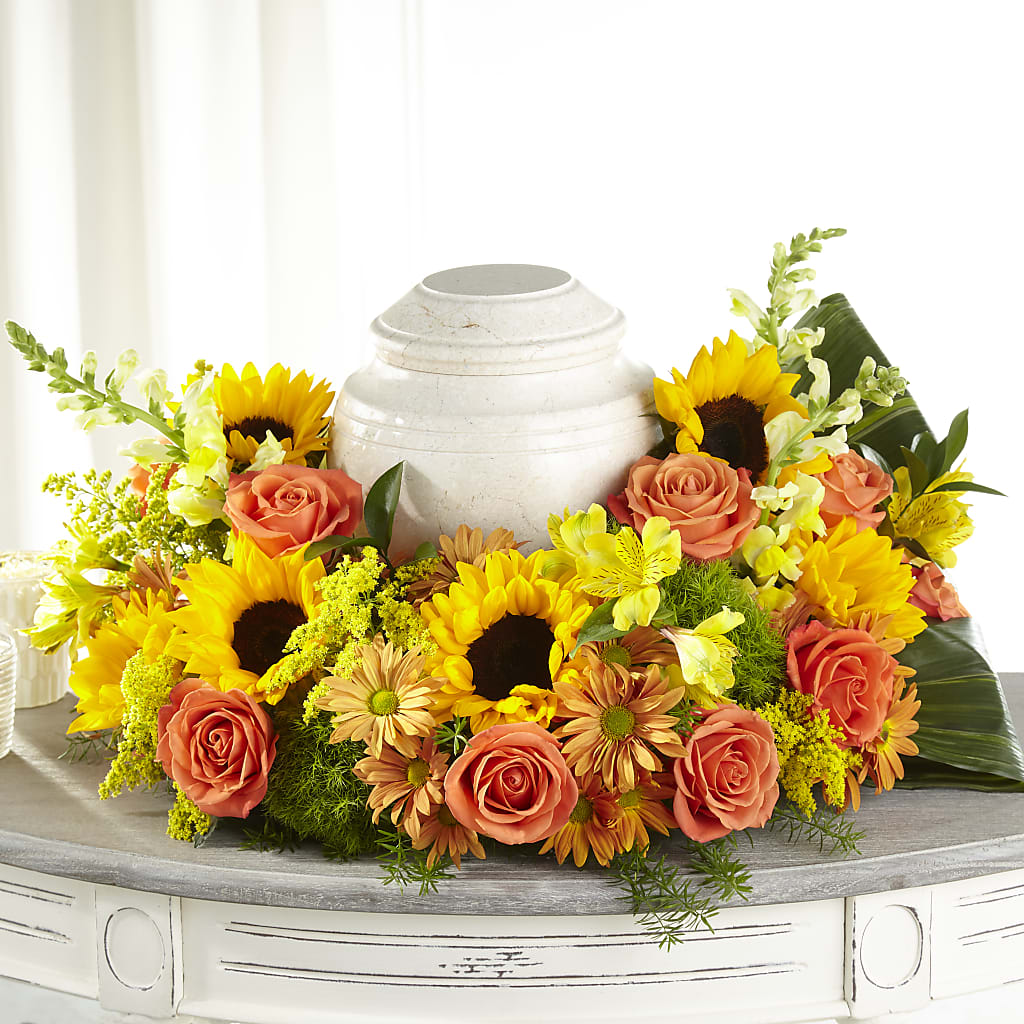 Faithful Sunflower Cremation Adornment – Flowers By Helen, Forsyth GA