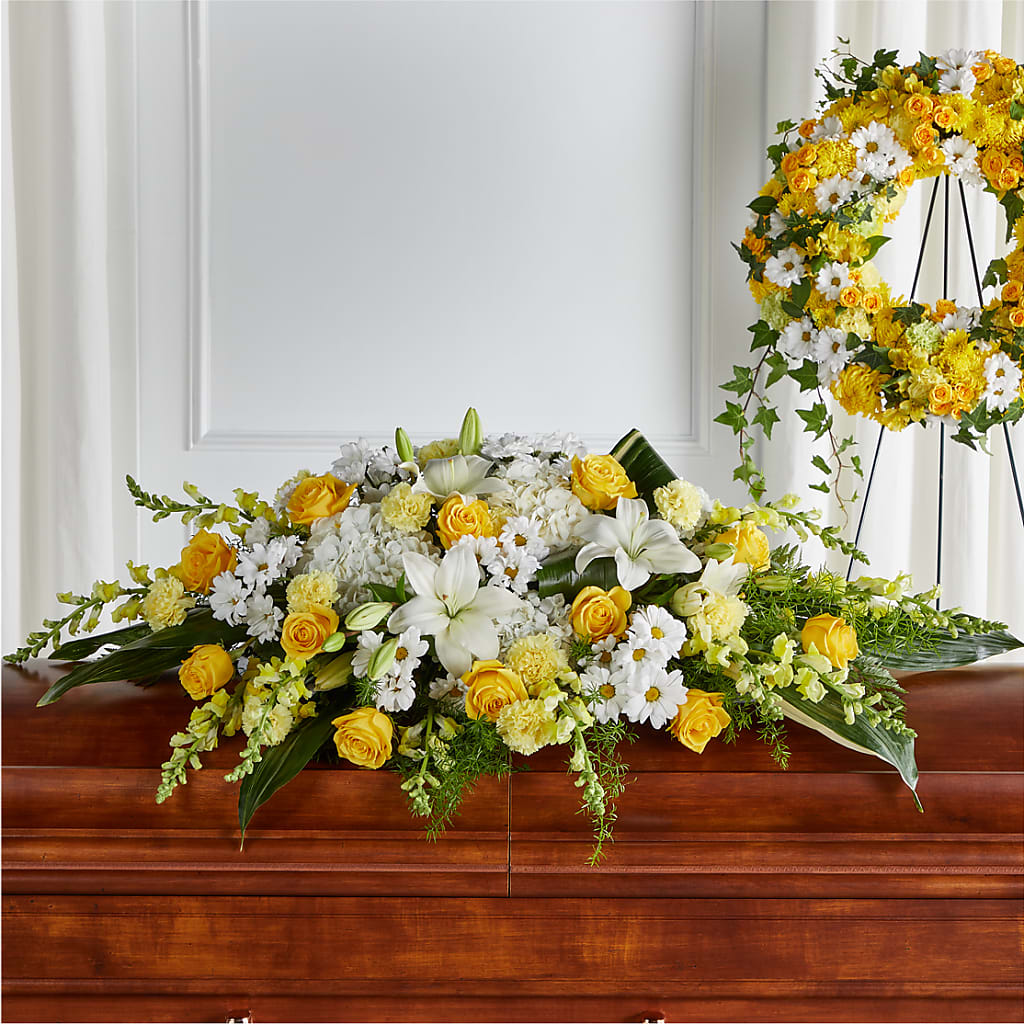 Golden Harmony Casket Spray – Flowers By Helen, Forsyth GA
