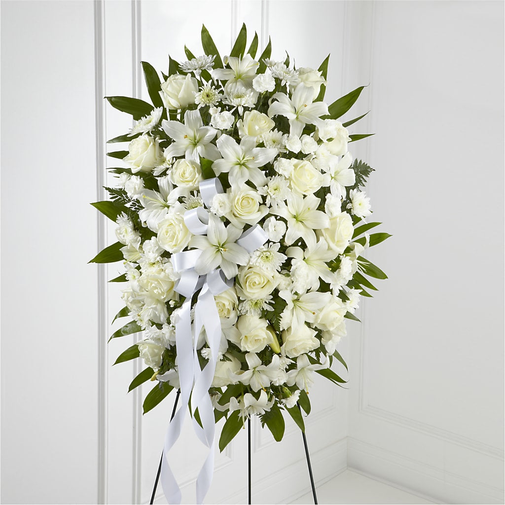Exquisite Tribute Standing Spray-White Ribbon – Flowers By Helen, Forsyth GA