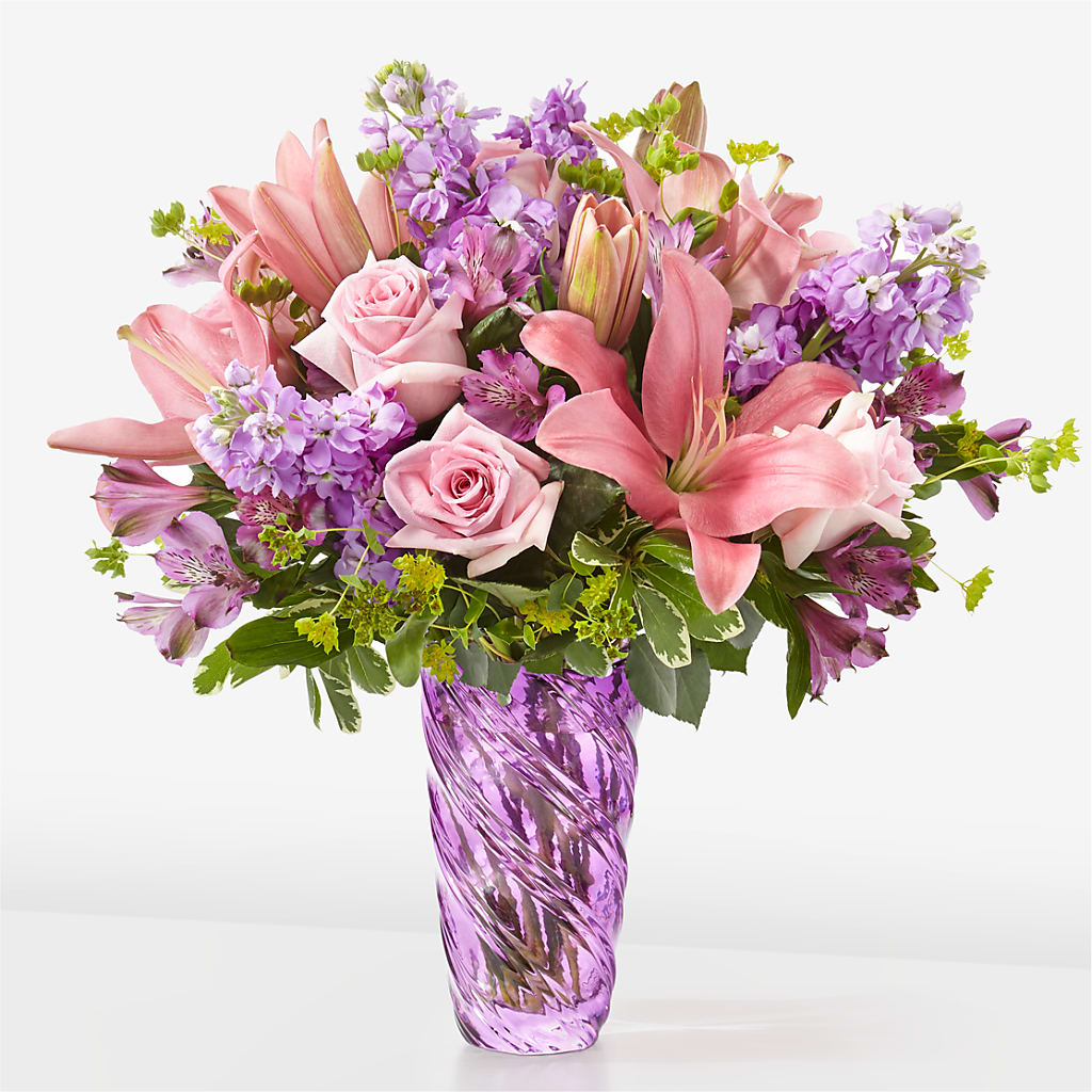 Precious Petals Bouquet with Luxe Swirl Vase – Flowers By Helen, Forsyth GA