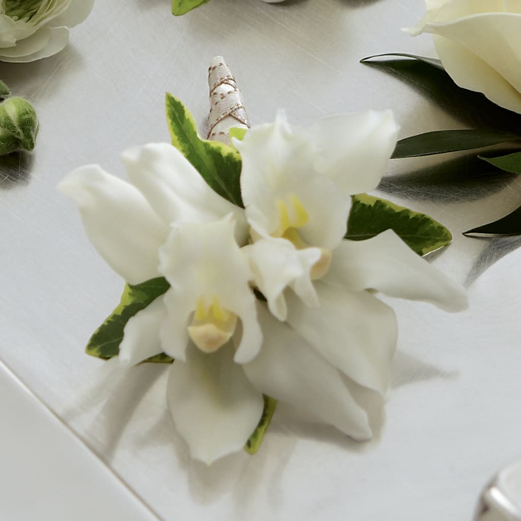 White Mini Cymbidium Boutonniere – Flowers By Helen, Forsyth GA